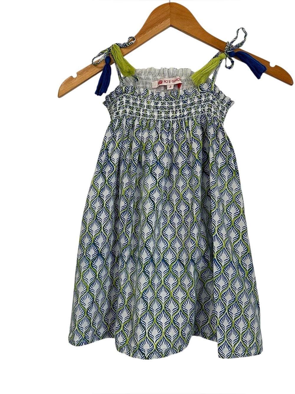 Ro’s Garden Girls Tie Strap Printed Sundress Sz 2 Blue Green Smocking Sleeveless